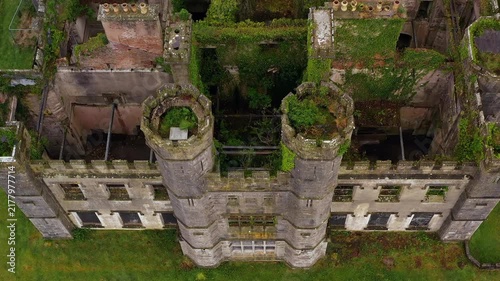 Stunning aerial of Castle Saunderson descending smoothly and symmetrically revealing architectural details from top down perspective, County Cavan Ireland