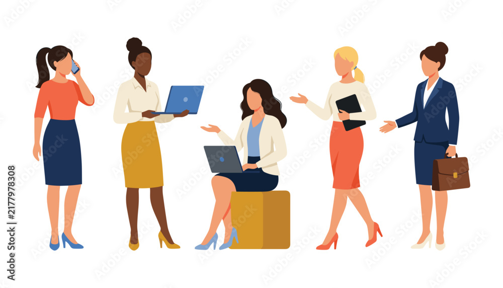 Obraz premium Business Women Character Set with Flat Vector Illustrations of Professional Corporate Female Employees working on Laptops, Talking on Phone, and Holding Briefcase