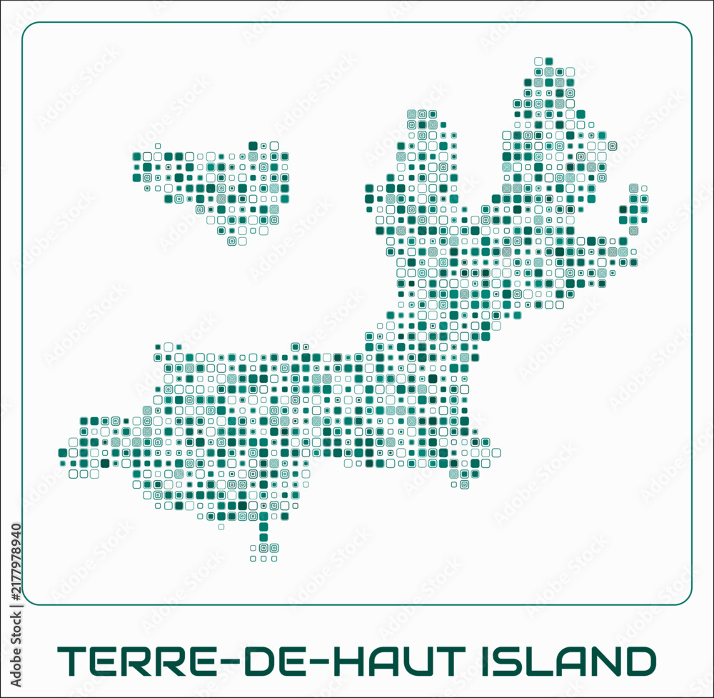 Obraz premium Terre-de-Haut Island digital style map. Small roundedSquare dots on white background. Dotted shape of the island. Vector map and title. Vibrant vector illustration.