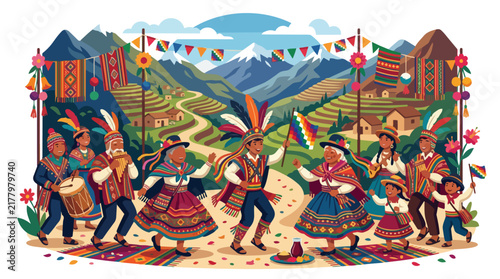 Peruvian People Dancing in Traditional Andean Attire.