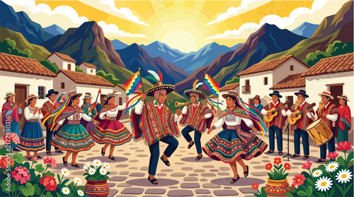Peruvian people dancing traditional Andean folk dances in vibrant colorful costumes.