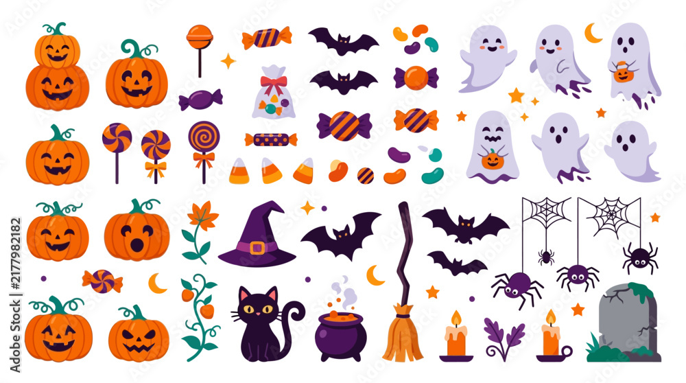 Obraz premium Halloween Flat Vector Icons Set with Pumpkins Ghosts and Candy