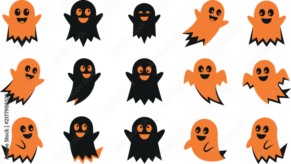 Fototapeta premium Set of cute cartoon ghosts in orange and black colors, halloween vector illustration collection of funny spirits with different poses