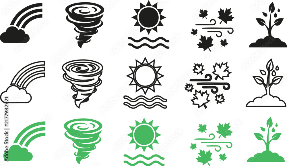 Obraz premium Weather forecast outline icon set including rainbow storm rain snow sun cloud climate nature seasonal linear web graphic concept