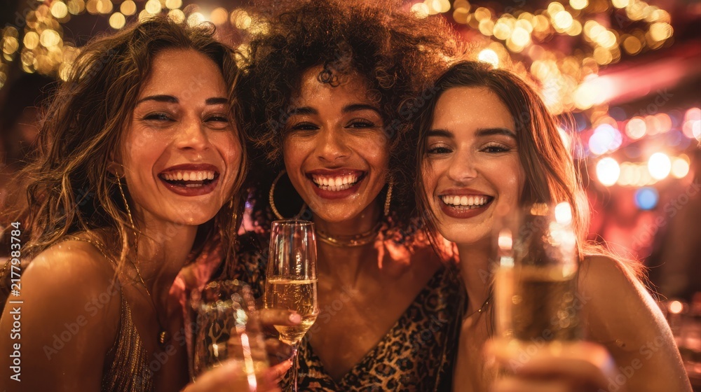 Fototapeta premium Smile, women and dance with champagne at nightclub for birthday celebration, social reunion or luxury party. Excited, friends and wine glass for new years, festival congratulations and happy hour fun