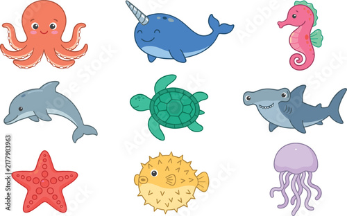 Cute sea animals vector illustration set with cartoon octopus narwhal seahorse dolphin turtle hammerhead shark starfish pufferfish and jellyfish for nursery decor graphics