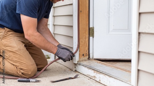 Worker Applying Adhesive Weather Seal To Residential Door Frame For Energy Efficiency
