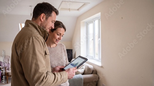 Partners Discussing Interior Design Concepts On Digital Tablet In Living Room