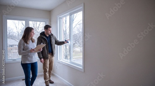 Building Inspector Checking Window Frame Integrity With Flashlight During Home Assessment