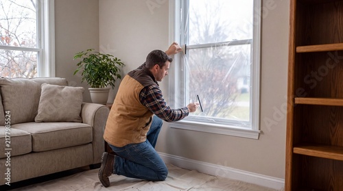 Worker Attaching Transparent Thermal Film To Window Pane For Seasonal Draft Prevention