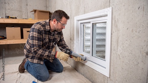 Applying Silicone Sealant To Basement Window Frame For Weatherproofing
