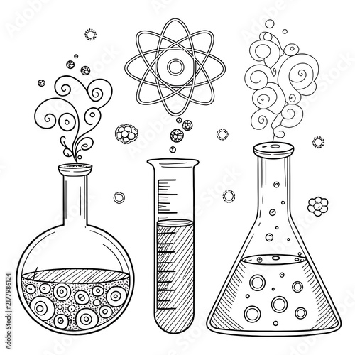 Sketch style science lab equipment with atomic particles illustration