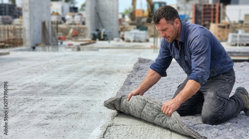 Laborer meticulously installing insulation material on a concrete foundation at an active industrial construction site