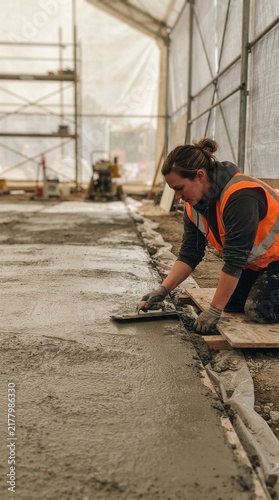 Female Construction Worker Carefully Smoothing Fresh Wet Concrete Foundation with a Hand Trowel on a Busy Industrial Building Site Project