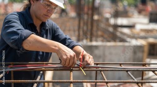 Construction Professional Carefully Securing Rebar and Wiring at a Bustling Urban Development Site for Structural Integrity Mastery