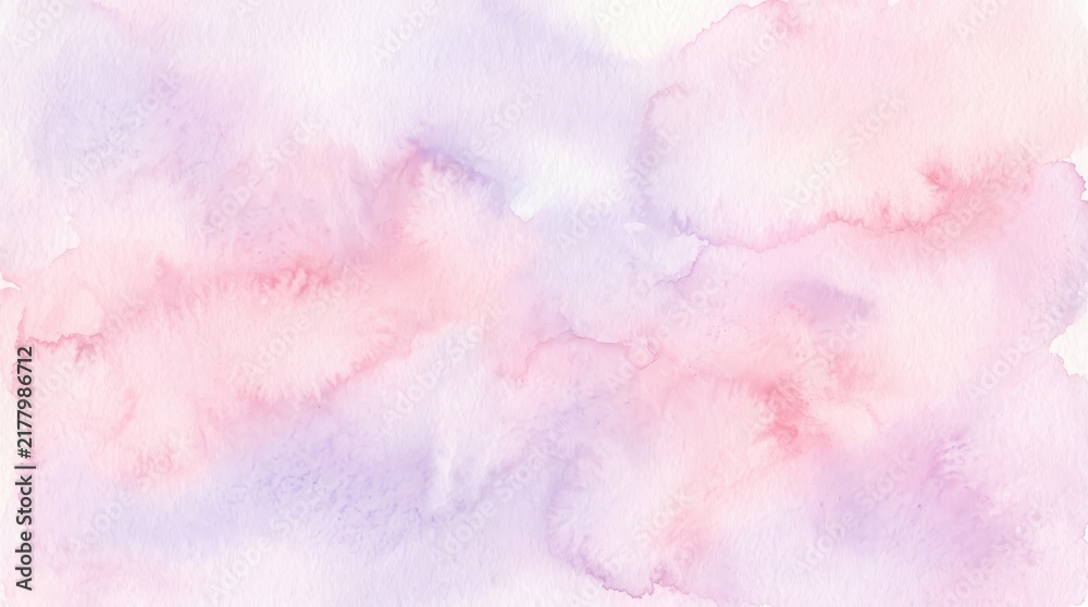 Fototapeta premium Soft pink and lavender purple watercolor texture, abstract hand painted artistic wash, dreamy cloud like stains on paper, delicate pastel gradient overlay, romantic vintage