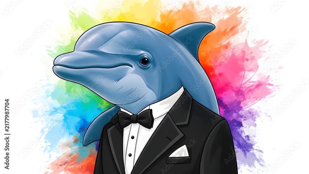 Fototapeta premium A sophisticated blue dolphin wearing a black tuxedo and bow tie against a vibrant, colorful splash background.