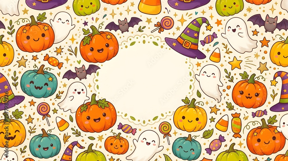 Fototapeta premium Cute hand drawn halloween illustration with smiling pumpkins and ghosts surrounding blank badge.