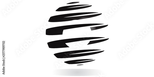 Abstract black sliced globe logo design isolated on white background. Minimalist 3D sphere icon for global business, technology, corporate identity, or networking brand.
