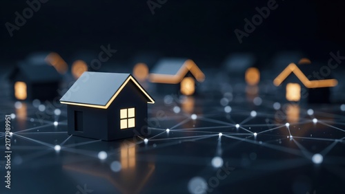 Miniature houses connected by glowing data network lines on a dark surface. Smart home and modern real estate connectivity technology concept.