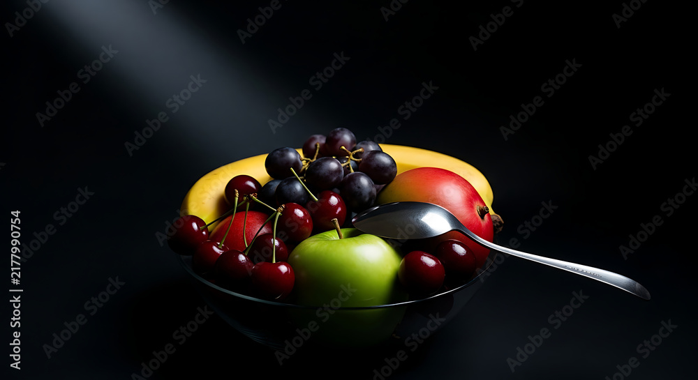 Fototapeta premium Fresh colorful fruit bowl with spoon on a dark background