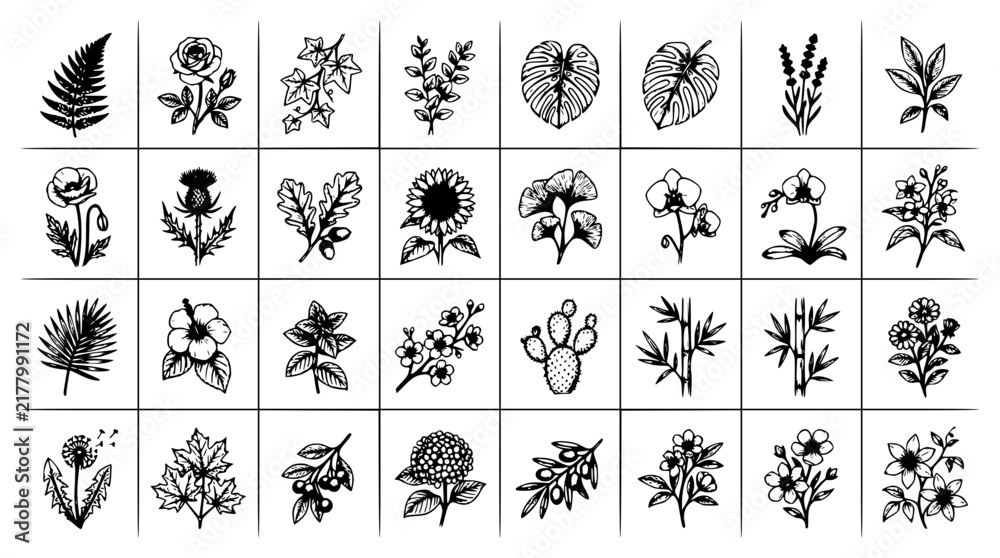 Fototapeta premium Botanical illustrations set with detailed line drawings featuring fern, rose, sunflower, orchid, thistle with leaves and blossoms