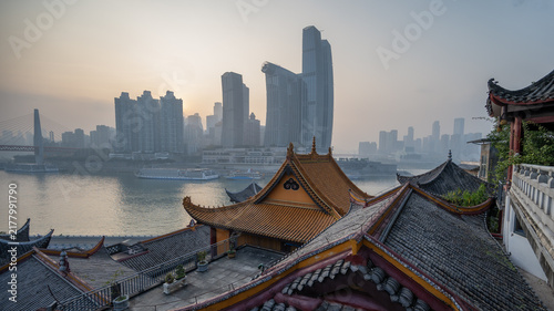 Bild auf Leinwand Chongqing Traditional Temple and Modern Skyline Cityscape