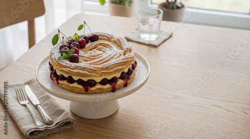 Polish sour cherry karpatka cake on a table seen from above with copy space, ad image traditional East European food