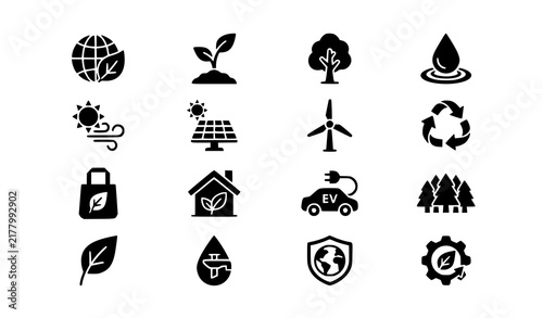 Ecology and Sustainability Solid Glyph Icons Set