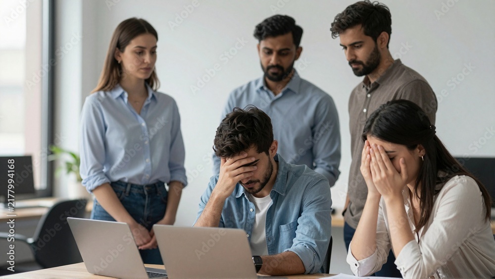 Fototapeta premium Stressed office colleagues confront a difficult setback during a tense team meeting