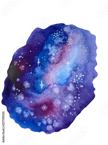 Hand-painted watercolor illustration of a blue and purple cosmic nebula with luminous areas and scattered star-like details, isolated on a transparent background