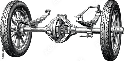 Vintage automotive vehicle chassis with leaf spring suspension and rubber wheels isolated on transparent background mechanical.
