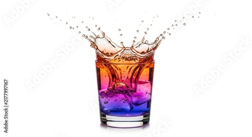 Vibrant vaporwave soda splash inside a glass features a stunning gradient of sunset orange, neon pink, and royal purple on white background, motion, movement, art