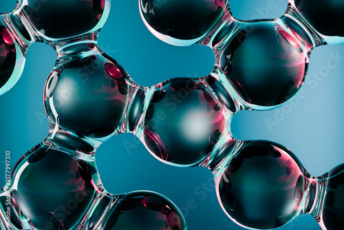 Abstract 3D glossy molecules in black, teal and vibrant magenta. Futuristic shapes with reflective surfaces suitable for technology, digital art, science, innovation and modern creative backgrounds.