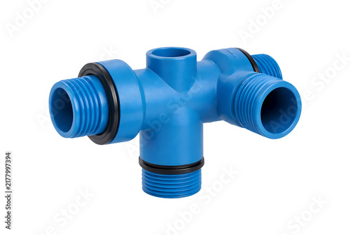Blue plastic pipe fitting connector isolated on transparent background