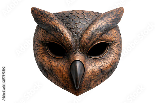 Carved bronze owl mask isolated on transparent background