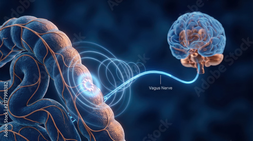 Medical illustration showing gut brain axis and vagus nerve linking digestive organ with human brain in blue scientific visualization