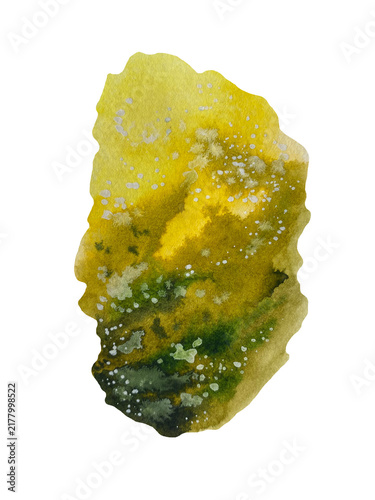 Hand-painted watercolor illustration of a yellow and green cosmic nebula with organic textures and luminous areas, isolated on a transparent background
