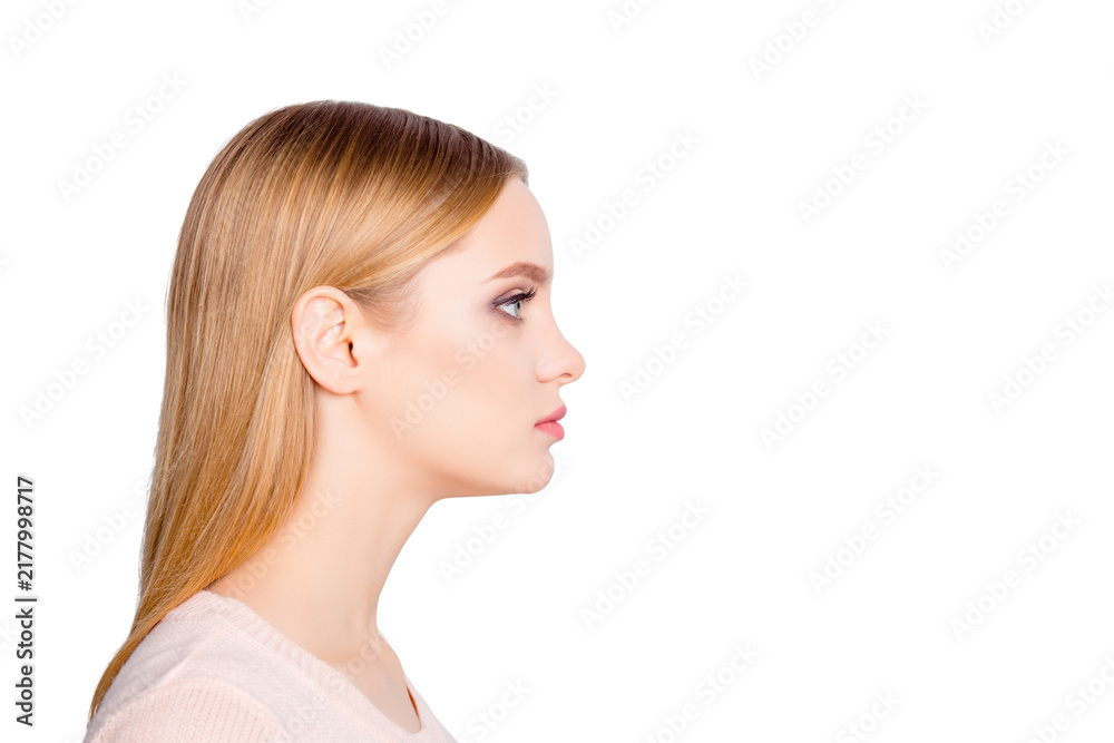 Obraz premium Half-faced profile side view close up portrait of serious confident focused concentrated thinking pondering pretty cute lovely manager wearing beige blouse isolated on gray background copyspace
