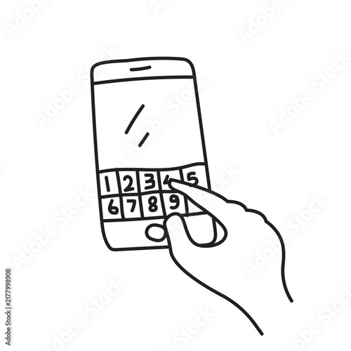 doodle vector illustration of a hand pressing a number button on a smartphone screen.