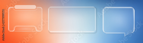 Glassmorphism Liquid Glass Vector UI Elements Set with Speech Bubble, Banners, and Buttons on Purple Orange Gradient Background