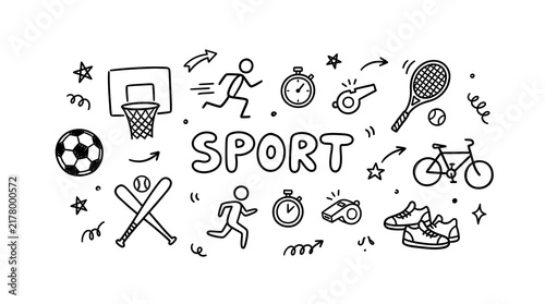 Hand drawn sport doodles set with athletic equipment and active people icons