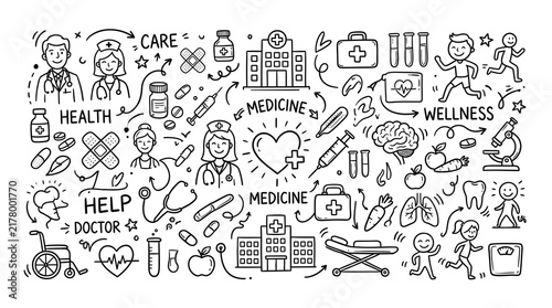 Hand drawn medical doodle set with healthcare icons and hospital equipment elements