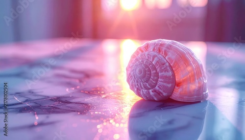 Pink Seashell Resting on Marble Surface in Soft Sunset Light