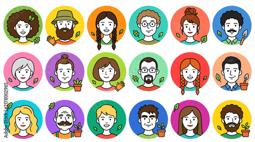 Diverse gardener avatars and community icons set featuring men and women with plants and tools for nature hobby and social profile concepts