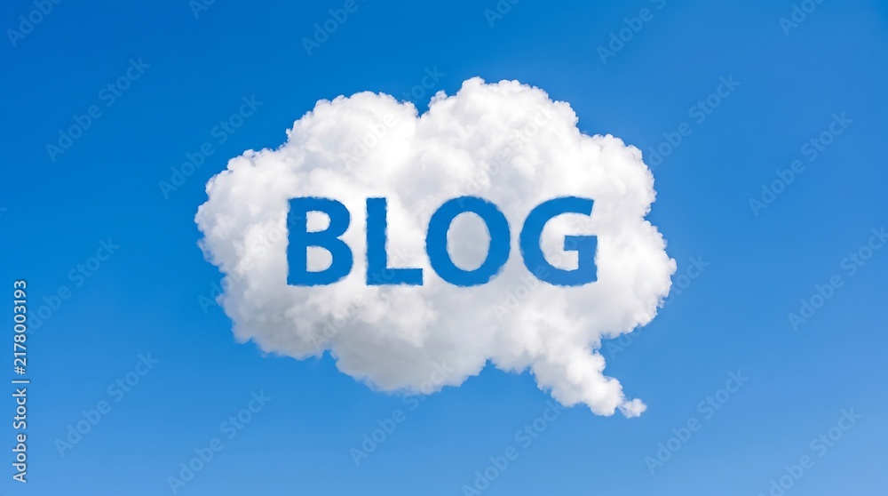 Fototapeta premium Blog text shaped inside fluffy white cloud on bright blue sky.