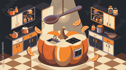 Surreal Isometric Kitchen Interior with Gigantic Pumpkin Island and Floating Slices