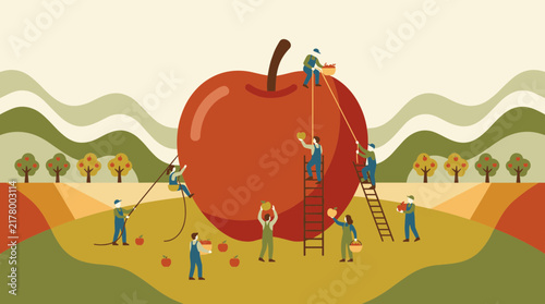 Tiny People Harvesting Giant Apple in Orchard Fruit Agriculture Vector Illustration