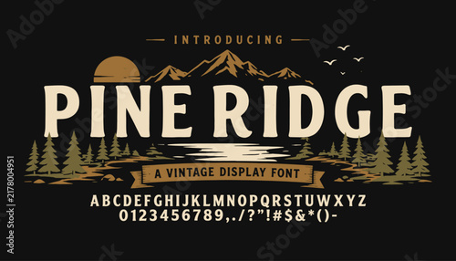 Fotografie Vintage mountain typography with pine forest landscape for outdoor branding