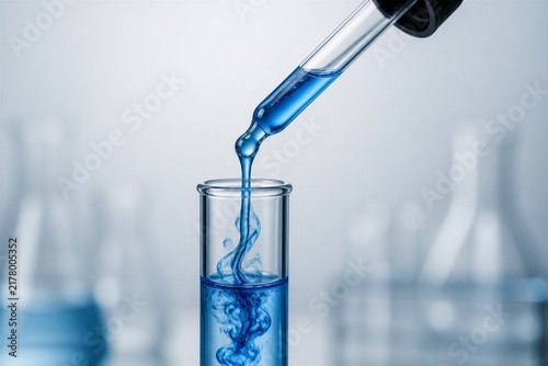 Dropper releasing blue liquid into test tube in laboratory setup